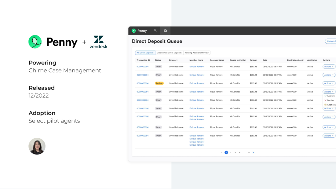 Penny and Zendesk integrated interface showing a direct deposit queue with actions.