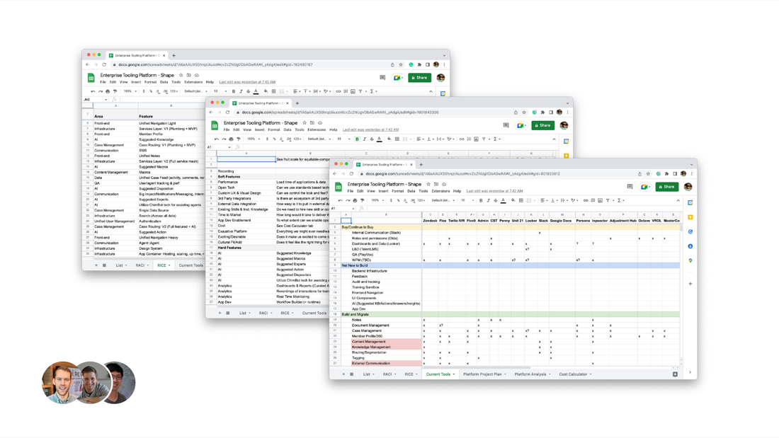 Three Google Sheets listing enterprise tooling features, prioritization models, and vendor matrices.