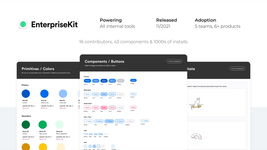 EnterpriseKit design system showcase with component stats and UI primitives.