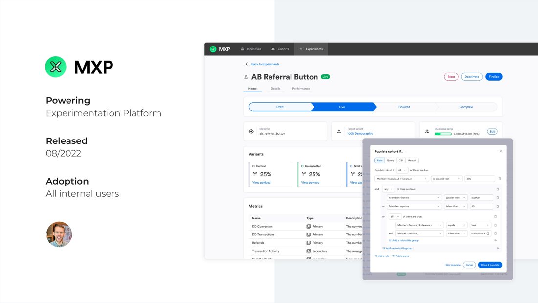MXP experimentation interface highlighting experiment stages, variants, and cohort builder.