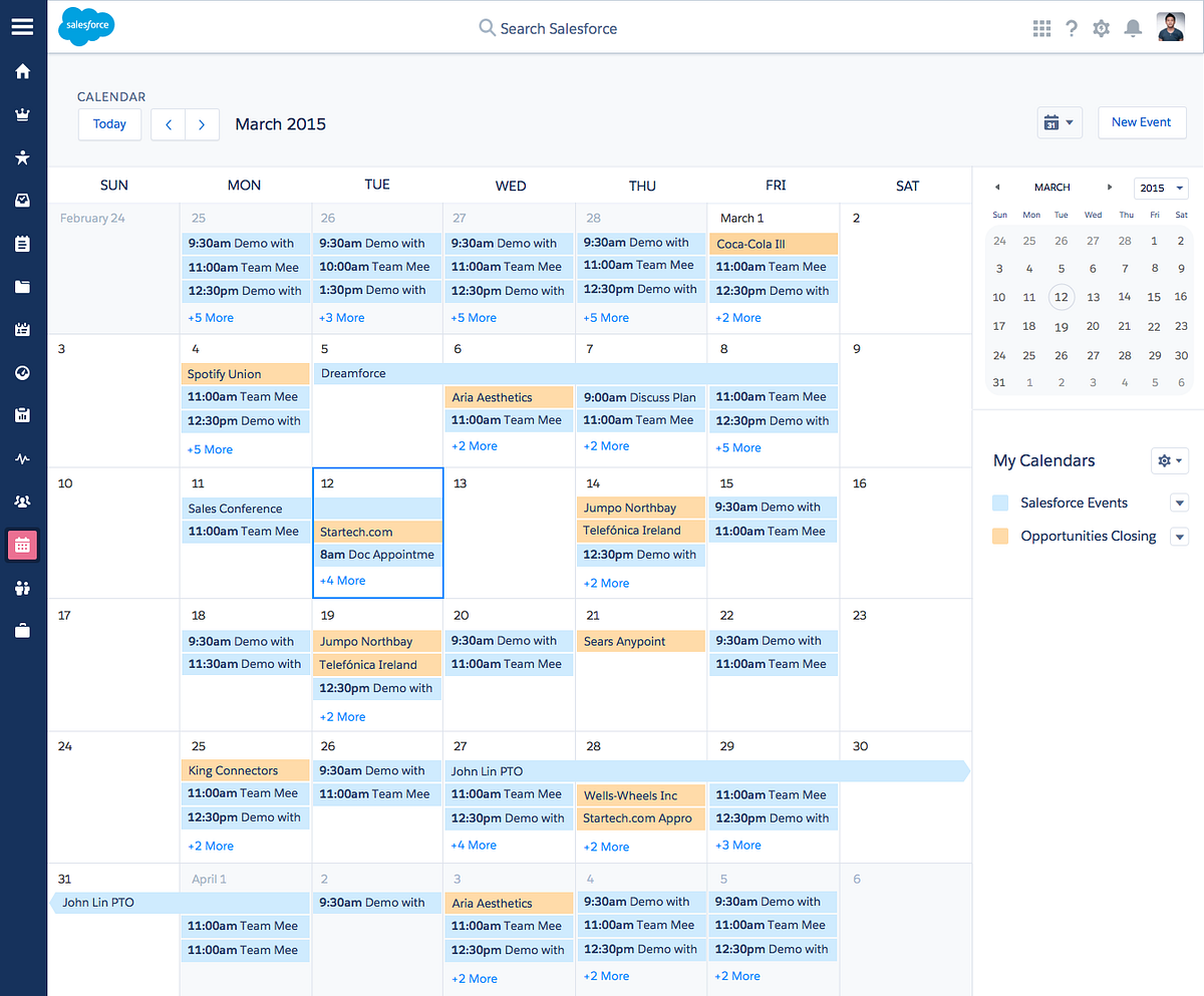 Lightning Calendar day view showing stacked events timeline.
