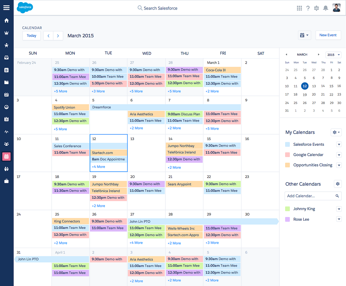 Lightning Calendar with color-coded calendars and events.
