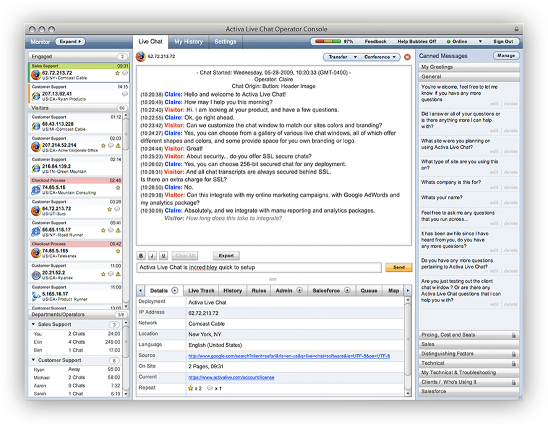 Activa Live Chat interface showcasing operator tooling and analytics.